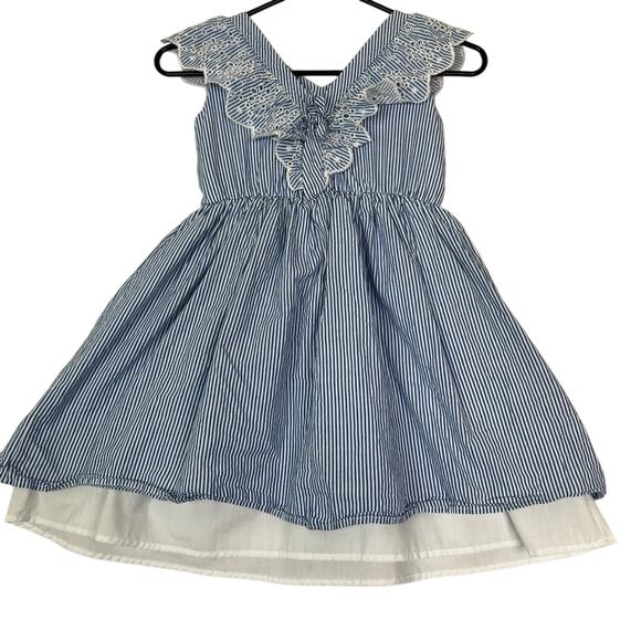 Tahari Dress Girls 6X Blue and White Pinstripe Ruffle Eyelet Embroidered - Picture 2 of 11